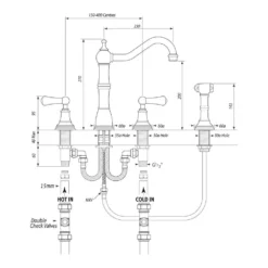 Perrin & Rowe Alsace 3 Hole Sink Mixer With Lever Handles & Rinse - Polished Nickel -Vado Shop perrinrowealsace 4776 tech
