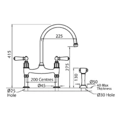 Perrin & Rowe Ionian Lever 2 Hole Bridge Sink Mixer With Porcelain Handles & Rinse - Gold -Vado Shop perrinroweionian 4173 tech