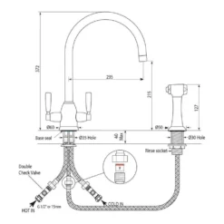 Perrin & Rowe Oberon 2 Hole Twin Lever Swivel 'C' Spout Sink Mixer & Rinse - Nickel -Vado Shop perrinroweoberon 4866 tech