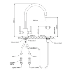 Perrin & Rowe Orbiq 2 Hole Dual Lever 'C' Spout Sink Mixer & Rinse - Pewter -Vado Shop perrinroweorbiq 4312 tech
