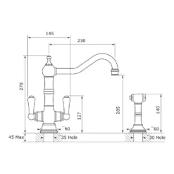 Perrin & Rowe Picardie Twin Lever Mono Sink Mixer With Rinse - Gold 5 Perrin & Rowe Picardie Twin Lever Mono Sink Mixer With Rinse - Gold -Vado Shop perrinrowepicardie 4766 tech