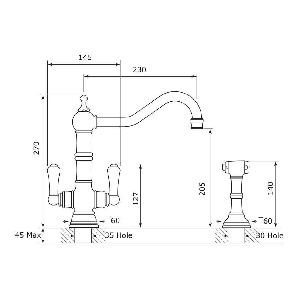 Perrin & Rowe Picardie Twin Lever Mono Sink Mixer With Rinse - Gold 3 Perrin & Rowe Picardie Twin Lever Mono Sink Mixer With Rinse - Gold - Image 3