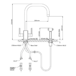 Perrin & Rowe Rubiq 2 Hole Dual Lever 'U' Spout Sink Mixer & Rinse - Pewter -Vado Shop perrinrowerubiq 4310 tech