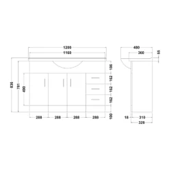Vellamo Alpine 1200mm White Gloss Floor Standing Vanity Unit & Basin -Vado Shop premier mayford floorstanding 1200mm vanity basin vty1200 technical drawing