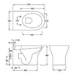 RAK Resort Back To Wall Rimless Toilet With Soft Close Seat -Vado Shop rak resort back to wall rimless toilet tech drawing