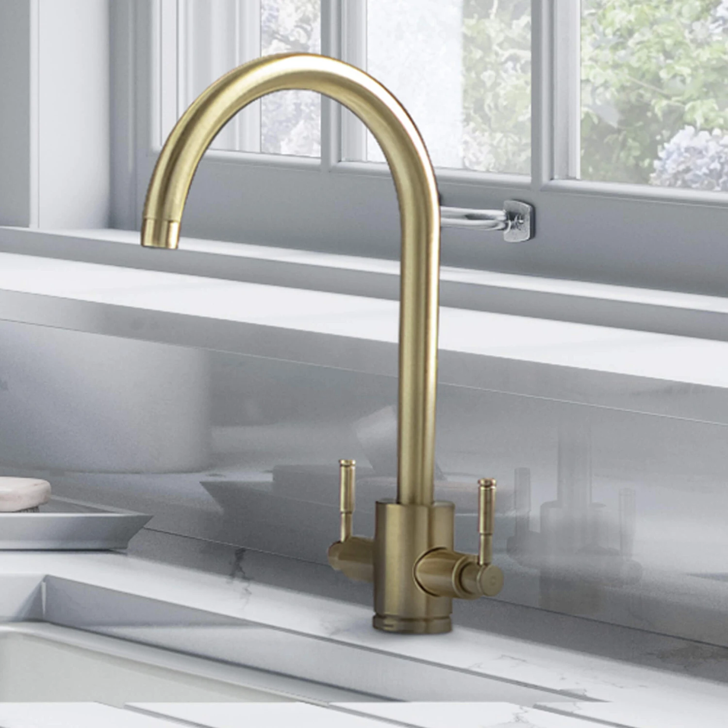Rangemaster Aquatrend Twin Lever Monobloc Kitchen Sink Mixer Tap - Brushed Brass 6 Rangemaster Aquatrend Twin Lever Monobloc Kitchen Sink Mixer Tap - Brushed Brass - Image 6