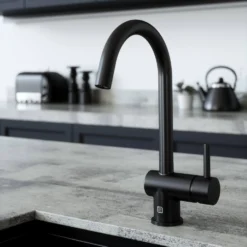 The Tap Factory Vibrance 1 Matt Black Single Lever Mono Kitchen Mixer With English Mustard Handle