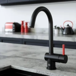 The Tap Factory Vibrance 1 Matt Black Single Lever Mono Kitchen Mixer With English Mustard Handle -Vado Shop tap factory vibrance 1 black red handle lifestyle