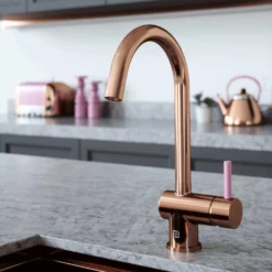 The Tap Factory Vibrance 1 Copper Single Lever Mono Kitchen Mixer With Peppermint Handle 11 The Tap Factory Vibrance 1 Copper Single Lever Mono Kitchen Mixer With Peppermint Handle -Vado Shop tap factory vibrance 1 copper pink handle lifestyle