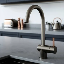 The Tap Factory Vibrance 1 Gunmetal Single Lever Mono Kitchen Mixer With Post Box Red Handle -Vado Shop tap factory vibrance 1 gunmetal with copper handle lifestyle
