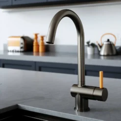 The Tap Factory Vibrance 1 Gunmetal Single Lever Mono Kitchen Mixer With Post Box Red Handle -Vado Shop tap factory vibrance 1 gunmetal with mustard handle lifestyle