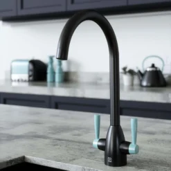 The Tap Factory Vibrance 2 Matt Black Twin Lever Mono Kitchen Mixer With Post Box Red Handles 11 The Tap Factory Vibrance 2 Matt Black Twin Lever Mono Kitchen Mixer With Post Box Red Handles -Vado Shop tap factory vibrance 2 black blue handles lifestyle