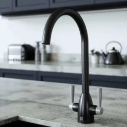 The Tap Factory Vibrance 2 Matt Black Twin Lever Mono Kitchen Mixer With Post Box Red Handles 12 The Tap Factory Vibrance 2 Matt Black Twin Lever Mono Kitchen Mixer With Post Box Red Handles -Vado Shop tap factory vibrance 2 black grey handles lifestyle