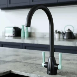 The Tap Factory Vibrance 2 Matt Black Twin Lever Mono Kitchen Mixer With Post Box Red Handles 13 The Tap Factory Vibrance 2 Matt Black Twin Lever Mono Kitchen Mixer With Post Box Red Handles -Vado Shop tap factory vibrance 2 black peppermint handles lifestyle