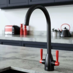 The Tap Factory Vibrance 2 Matt Black Twin Lever Mono Kitchen Mixer With Post Box Red Handles 14 The Tap Factory Vibrance 2 Matt Black Twin Lever Mono Kitchen Mixer With Post Box Red Handles -Vado Shop tap factory vibrance 2 black red handles lifestyle