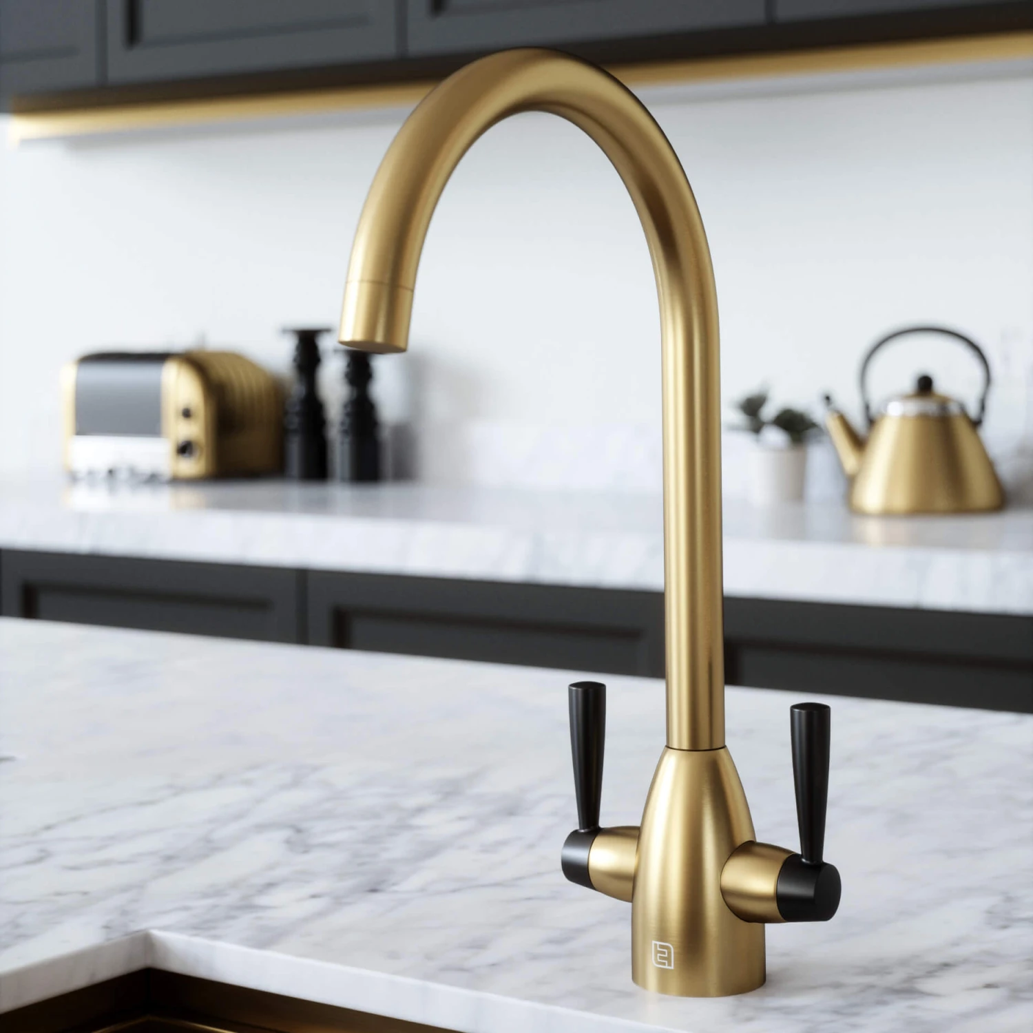The Tap Factory Vibrance 2 Brushed Gold Twin Lever Mono Kitchen Mixer With Black Handles 4 The Tap Factory Vibrance 2 Brushed Gold Twin Lever Mono Kitchen Mixer With Black Handles - Image 4
