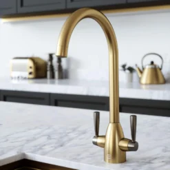 The Tap Factory Vibrance 2 Brushed Gold Twin Lever Mono Kitchen Mixer With Black Handles 8 The Tap Factory Vibrance 2 Brushed Gold Twin Lever Mono Kitchen Mixer With Black Handles -Vado Shop tap factory vibrance 2 brass with gunmetal handle lifestyle