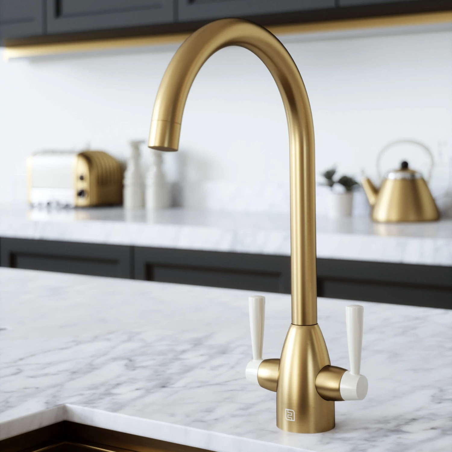 The Tap Factory Vibrance 2 Brushed Gold Twin Lever Mono Kitchen Mixer With Black Handles 2 The Tap Factory Vibrance 2 Brushed Gold Twin Lever Mono Kitchen Mixer With Black Handles - Image 2