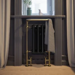 Terma Cast Iron Antique Brass & Chrome Surround Heated Towel Rail - 900 X 490mm 28 Terma Cast Iron Antique Brass & Chrome Surround Heated Towel Rail - 900 X 490mm -Vado Shop terma cast iron black and brushed brass surround traditional heated towel radiator lifestyle 1 scaled