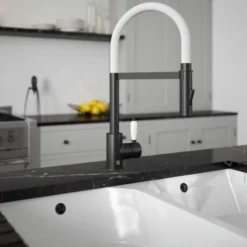 The Tap Factory Vibrance Shaker Brushed Copper Mono Pull Out Kitchen Mixer Tap With White Spout -Vado Shop the tap factory shaker black pull out tap white spout lifestyle scaled