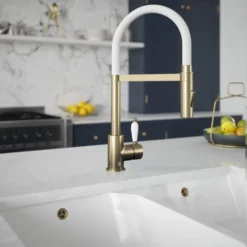 The Tap Factory Vibrance Shaker Brushed Copper Mono Pull Out Kitchen Mixer Tap With White Spout -Vado Shop the tap factory shaker brushed brass pull out tap white spout lifestyle scaled