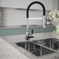 The Tap Factory Vibrance Shaker Brushed Copper Mono Pull Out Kitchen Mixer Tap With White Spout -Vado Shop the tap factory shaker chrome pull out tap black spout lifestyle scaled