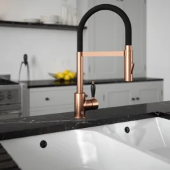 The Tap Factory Vibrance Shaker Brushed Copper Mono Pull Out Kitchen Mixer Tap With White Spout -Vado Shop the tap factory shaker copper pull out tap black spout lifestyle scaled