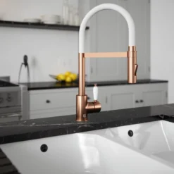 The Tap Factory Vibrance Shaker Brushed Copper Mono Pull Out Kitchen Mixer Tap With White Spout