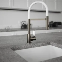 The Tap Factory Vibrance Shaker Brushed Copper Mono Pull Out Kitchen Mixer Tap With White Spout -Vado Shop the tap factory shaker gunmetal pull out tap white spout lifestyle scaled