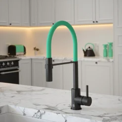 The Tap Factory Vibrance Tube Matt Black Mono Pull Out Kitchen Mixer Tap With Blade Grey Spout -Vado Shop the tap factory vibrance tube black pull out tap aqua spout lifestyle scaled