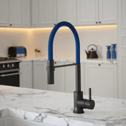The Tap Factory Vibrance Tube Matt Black Mono Pull Out Kitchen Mixer Tap With Blade Grey Spout -Vado Shop the tap factory vibrance tube black pull out tap blue spout lifestyle scaled