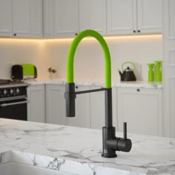 The Tap Factory Vibrance Tube Matt Black Mono Pull Out Kitchen Mixer Tap With Blade Grey Spout -Vado Shop the tap factory vibrance tube black pull out tap green spout lifestyle scaled