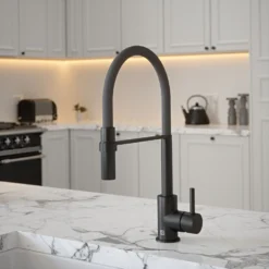The Tap Factory Vibrance Tube Matt Black Mono Pull Out Kitchen Mixer Tap With Blade Grey Spout -Vado Shop the tap factory vibrance tube black pull out tap grey spout lifestyle scaled