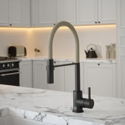 The Tap Factory Vibrance Tube Matt Black Mono Pull Out Kitchen Mixer Tap With Blade Grey Spout -Vado Shop the tap factory vibrance tube black pull out tap ivory spout lifestyle scaled