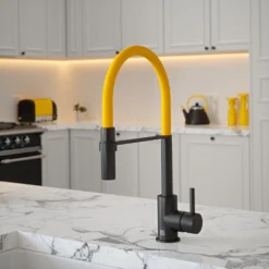 The Tap Factory Vibrance Tube Matt Black Mono Pull Out Kitchen Mixer Tap With Blade Grey Spout -Vado Shop the tap factory vibrance tube black pull out tap mustard spout lifestyle scaled