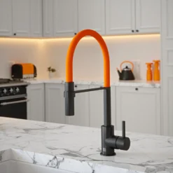 The Tap Factory Vibrance Tube Matt Black Mono Pull Out Kitchen Mixer Tap With Blade Grey Spout -Vado Shop the tap factory vibrance tube black pull out tap orange spout lifestyle scaled