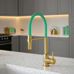 The Tap Factory Vibrance Tube Brushed Brass Mono Pull Out Kitchen Mixer Tap With Black Velvet Spout -Vado Shop the tap factory vibrance tube brushed brass pull out tap aqua spout lifestyle scaled