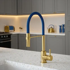 The Tap Factory Vibrance Tube Brushed Brass Mono Pull Out Kitchen Mixer Tap With Black Velvet Spout -Vado Shop the tap factory vibrance tube brushed brass pull out tap blue spout lifestyle scaled