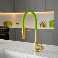 The Tap Factory Vibrance Tube Brushed Brass Mono Pull Out Kitchen Mixer Tap With Black Velvet Spout -Vado Shop the tap factory vibrance tube brushed brass pull out tap green spout lifestyle scaled