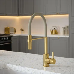 The Tap Factory Vibrance Tube Brushed Brass Mono Pull Out Kitchen Mixer Tap With Black Velvet Spout -Vado Shop the tap factory vibrance tube brushed brass pull out tap ivory spout lifestyle scaled