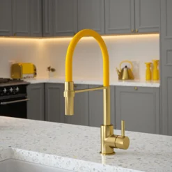 The Tap Factory Vibrance Tube Brushed Brass Mono Pull Out Kitchen Mixer Tap With Black Velvet Spout -Vado Shop the tap factory vibrance tube brushed brass pull out tap mustard spout lifestyle scaled