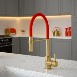 The Tap Factory Vibrance Tube Brushed Brass Mono Pull Out Kitchen Mixer Tap With Black Velvet Spout -Vado Shop the tap factory vibrance tube brushed brass pull out tap red spout lifestyle scaled