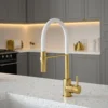 The Tap Factory Vibrance Tube Brushed Brass Mono Pull Out Kitchen Mixer Tap With Black Velvet Spout