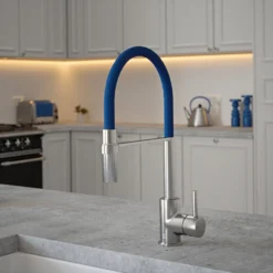 The Tap Factory Vibrance Tube Brushed Nickel Mono Pull Out Kitchen Mixer Tap With Aqua Sea Spout