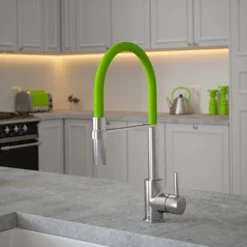 The Tap Factory Vibrance Tube Brushed Nickel Mono Pull Out Kitchen Mixer Tap With Aqua Sea Spout -Vado Shop the tap factory vibrance tube brushed nickel pull out tap green spout lifestyle scaled