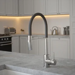 The Tap Factory Vibrance Tube Brushed Nickel Mono Pull Out Kitchen Mixer Tap With Aqua Sea Spout -Vado Shop the tap factory vibrance tube brushed nickel pull out tap grey spout lifestyle scaled