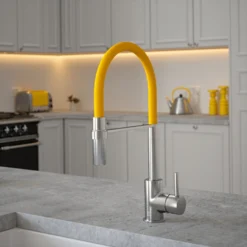 The Tap Factory Vibrance Tube Brushed Nickel Mono Pull Out Kitchen Mixer Tap With Aqua Sea Spout -Vado Shop the tap factory vibrance tube brushed nickel pull out tap mustard spout lifestyle scaled