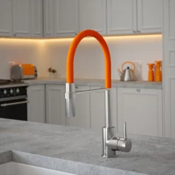 The Tap Factory Vibrance Tube Brushed Nickel Mono Pull Out Kitchen Mixer Tap With Aqua Sea Spout -Vado Shop the tap factory vibrance tube brushed nickel pull out tap orange spout lifestyle scaled