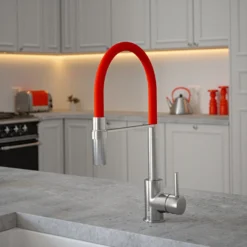 The Tap Factory Vibrance Tube Brushed Nickel Mono Pull Out Kitchen Mixer Tap With Aqua Sea Spout -Vado Shop the tap factory vibrance tube brushed nickel pull out tap red spout lifestyle scaled