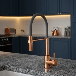 The Tap Factory Vibrance Tube Brushed Copper Mono Pull Out Kitchen Mixer Tap With Green Tea Spout